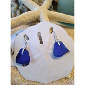 Seaglass Cobalt Blue Knot Earrings Handmade Sterling Titanium Sea Glass Beach